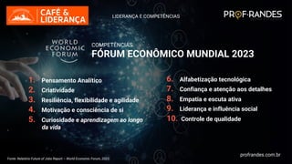 profrandes.com.br
COMPETÊNCIAS
FÓRUM ECONÔMICO MUNDIAL 2023
Fonte: Relatório Future of Jobs Report – World Economic Forum, 2023.
LIDERANÇA E COMPETÊNCIAS
profrandes.com.br
1. Pensamento Analítico
2. Criatividade
3. Resiliência, flexibilidade e agilidade
4. Motivação e consciência de si
5. Curiosidade e aprendizagem ao longo
da vida
6. Alfabetização tecnológica
7. Confiança e atenção aos detalhes
8. Empatia e escuta ativa
9. Liderança e influência social
10. Controle de qualidade
 