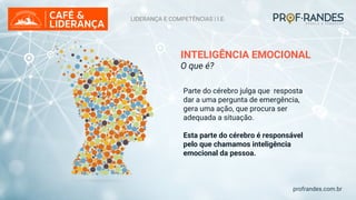 profrandes.com.br
INTELIGÊNCIA EMOCIONAL
O que é?
Parte do cérebro julga que resposta
dar a uma pergunta de emergência,
gera uma ação, que procura ser
adequada a situação.
Esta parte do cérebro é responsável
pelo que chamamos inteligência
emocional da pessoa.
LIDERANÇA E COMPETÊNCIAS | I.E.
 