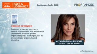 profrandes.com.br
ALTA INFLUÊNCIA - PRESENTE
(PERFIL COMUNICADOR)
PRECISA APRENDER
Priorizar a si mesmo, ver o ganho
pessoal, continuidade, aperfeiçoamento
(entender os assuntos que são
importantes para a sua função), sair da
emoção (trazer a racionalidade),
disciplina.
Análise dos Perfis DISC
 