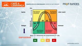 profrandes.com.br
EQUIPES DE ALTA PERFORMANCE | NÍVEIS DE MATURIDADE
Fonte: Adaptado pelo autor de: TUCKMAN, Bruce
EMPODERAR
D1
D2
D3
D4
Instrutor
Delegar
Apoiar Líder-coach
 