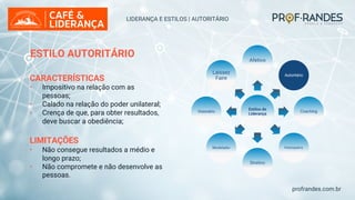 profrandes.com.br
Estilos de
Liderança
Afetivo
Autoritário
Coaching
Participativo
Diretivo
Modelador
Visionário
Laissez
Faire
LIDERANÇA E ESTILOS | AUTORITÁRIO
ESTILO AUTORITÁRIO
CARACTERÍSTICAS
• Impositivo na relação com as
pessoas;
• Calado na relação do poder unilateral;
• Crença de que, para obter resultados,
deve buscar a obediência;
LIMITAÇÕES
• Não consegue resultados a médio e
longo prazo;
• Não compromete e não desenvolve as
pessoas.
 