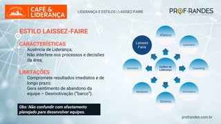 profrandes.com.br
Estilos de
Liderança
Afetivo
Autoritário
Coaching
Participativo
Diretivo
Modelador
Visionário
Laissez
Faire
LIDERANÇA E ESTILOS | LAISSEZ-FAIRE
ESTILO LAISSEZ-FAIRE
CARACTERÍSTICAS
• Ausência de Liderança;
• Não interfere nos processos e decisões
da área;
LIMITAÇÕES
• Compromete resultados imediatos e de
longo prazo;
• Gera sentimento de abandono da
equipe – Desmotivação (“barco”).
Obs: Não confundir com afastamento
planejado para desenvolver equipes.
 