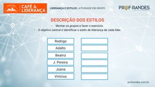 profrandes.com.br
LIDERANÇA E ESTILOS | ATIVIDADE EM GRUPO
DESCRIÇÃO DOS ESTILOS
Rodrigo
Adalto
Beatriz
J. Pereira
Joana
Vinícius
Modelador
Visionário
Participativo
Laissez-Faire
Diretivo
Coaching
• Montar os grupos e fazer o exercício.
• O objetivo central é identificar o estilo de liderança de cada líder.
 