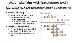 Action Chunking with Transformers (ACT)
 Action Chunking
 次の数ステップをまとめて予測
 一連の動作をまとめて扱う
 非マルコフ性に対応
 １ステップごとの生成では，一時停止と
終了時の停止を見分けるのが難しい
 Temporal Ensembling
 チャンクを毎ステップ出力し加重平
均を取ることで滑らかにつなぐ
 チャンクの境目で急な動作になるの
を防ぐ
2023/7/14 6
Transformerを用いたCVAEで現在の状態から次の数ステップの行動を予測
 