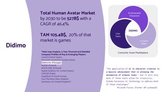 Total Human Avatar Market
by 2030 to be 527B$ with a
CAGR of 46.4%.
TAM 105.4B$, 20% of that
market is games
Didimo
“The application of AI in character creation is
a massive advancement that is allowing the
automation of arduous tasks - but it will only
work if these tools allow for creativity…
Didimo harnesses AI technology to address both
of these challenges”
-Ricardo Flores (Former GM Lockwood)
Consumer Asset Marketplace
DIDIMO
AI-Generated
Characters
User
Twins
In-Game
Editor
“Heat map Analysis, 3-Year Financial and Detailed
Company Profiles of Key & Emerging Players:
UneeQ (United States),
Microsoft Corporation (United States),
Didimo Inc. (Portugal),
Wolf3D (Poland),
HOUR ONE AI (Israel),
Spatial Systems, Inc. (United States),
CARV3D (India),
DeepBrain AI (South Korea),
Soul Machines (New Zealand),
Synthesia Ltd. (United Kingdom)”
 