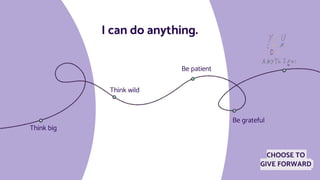 I can do anything.
Think big
Think wild
Be patient
Be grateful
CHOOSE TO
GIVE FORWARD
 