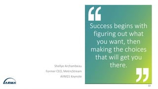 10
Success begins with
figuring out what
you want, then
making the choices
that will get you
there.
Shellye Archambeau
Former CEO, MetricStream
AIIM21 Keynote
 