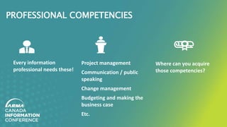 PROFESSIONAL COMPETENCIES
Every information
professional needs these!
Project management
Communication / public
speaking
Change management
Budgeting and making the
business case
Etc.
Where can you acquire
those competencies?
 