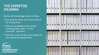 THE EXPERTISE
DILEMMA
Bodies of knowledge about a thing…
 Are built by those who have done it
for a long time…
 Who are probably more senior,
meaning they aren’t “in the
trenches” anymore…
 And who may not be up to speed on
the newest developments.
Image Source: Microsoft Stock Images
 