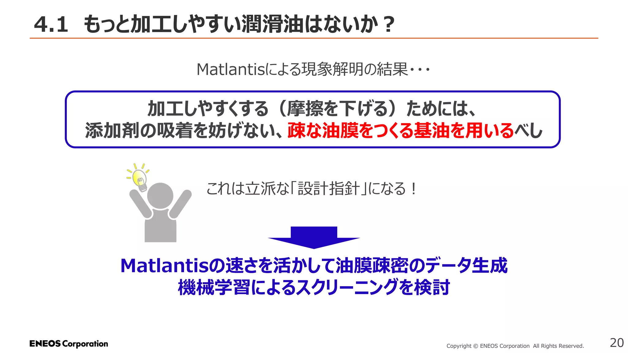 4.1 もっと加工しやすい潤滑油はないか？
20
Copyright © ENEOS Corporation All Rights Reserved.
Matlantisによる現象解明の結果・・・
加工しやすくする（摩擦を下げる）ためには、
添加剤の吸着を妨げない、疎な油膜をつくる基油を用いるべし
これは立派な「設計指針」になる！
Matlantisの速さを活かして油膜疎密のデータ生成
機械学習によるスクリーニングを検討
 