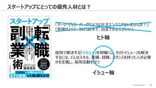 © 2023 Attack Inc. 25
スタートアップにとっての優秀人材とは？
「マーク・ザッカーバーグのような天才エンジニアはいませんか？」
「地頭がよくて、30代前半で、自走できる人がいい」
ヒト軸
採用で解決する『イシュー』を明確にし、その『イシュー』を解決
するには、どんなスキル、実績、経験、スタンスを持った人が必要
かを定義し、採用活動を行う
イシュー軸
 