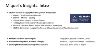 Miquel´s Insights: Intro
• CSCMP – Council of Supply Chain Management Professionals
• 60 years / Academics & Professionals
• Connect + Educate + Develop
• Lifecycle: From students to Senior fellows
• +10.000 global members (Individuals & Corporations)
• Research, Education, Events (Digital & Face-to-face), Networking
• EDGE US Conference, European Conference & Several dozens local Roundtable events
• Market´s situations depending on: Geographies, Sectors, Functions, Levels
• Business maturity Status (Based on Triangle): Processes / Organization-People / Tools (Tech)
• Working Models Post-Pandemic (“White collars”): Physical vs. Home Office vs. Hybrid
 