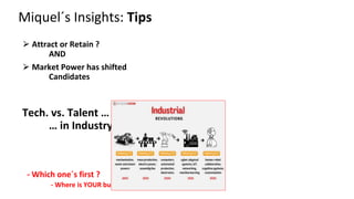 Miquel´s Insights: Tips
⮚ Attract or Retain ?
AND
⮚ Market Power has shifted
Candidates
Tech. vs. Talent …
… in Industry 5.0 era
- Which one´s first ?
- Where is YOUR business ?
 