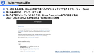 13
kubernetesの歴史
 ベースにあるのは、Google社内で使われていたコンテナクラスタマネージャ「Borg」
 2014年6月にオープンソースで公開
 2015年7月にバージョン1.0となり、Linux Foundation傘下の組織である
CNCF(Cloud Native Computing Foundation)に移管
https://kubernetes.io/releases/
 