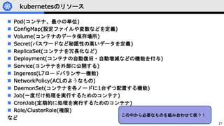 21
kubernetesのリソース
 Pod(コンテナ、最小の単位)
 ConfigMap(設定ファイルや変数などを定義)
 Volume(コンテナのデータ保存場所)
 Secret(パスワードなど秘匿性の高いデータを定義)
 ReplicaSet(コンテナを冗長化など)
 Deployment(コンテナの自動復旧・自動増減などの機能を付与)
 Service(コンテナを外部に公開する)
 Ingeress(L7ロードバランサー機能)
 NetworkPolicy(ACLのようなもの)
 DaemonSet(コンテナを各ノードに1台ずつ配置する機能)
 Job(一度だけ処理を実行するためのコンテナ)
 CronJob(定期的に処理を実行するためのコンテナ)
 Role/ClusterRole(権限)
など
この中から必要なものを組み合わせて使う！
 