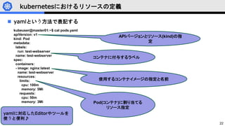 22
kubernetesにおけるリソースの定義
 yamlという方法で表記する
kubeuser@master01:~$ cat pods.yaml
apiVersion: v1
kind: Pod
metadata:
labels:
run: test-webserver
name: test-webserver
spec:
containers:
- image: nginx:latest
name: test-webserver
resources:
limits:
cpu: 100m
memory: 5Mi
requests:
cpu: 50m
memory: 3Mi Pod(コンテナ)に割り当てる
リソース指定
使用するコンテナイメージの指定と名前
コンテナに付与するラベル
APIバージョンとリソース(kind)の指
定
yamlに対応したEditorやツールを
使うと便利♪
 