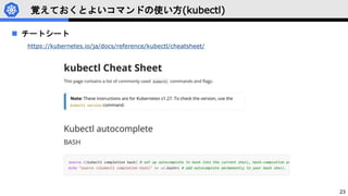 23
覚えておくとよいコマンドの使い方(kubectl)
 チートシート
https://kubernetes.io/ja/docs/reference/kubectl/cheatsheet/
 