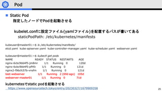 25
Pod
kubernetesでstatic podを起動させる
https://www.opensourcetech.tokyo/entry/20230327/1679909358
 Static Pod
指定したノードでPodを起動させる
kubelet.confに設定ファイル(yamlファイル)を配置するパスが書いてある
staticPodPath: /etc/kubernetes/manifests
kubeuser@master01:~$ ls /etc/kubernetes/manifests/
etcd.yaml kube-apiserver.yaml kube-controller-manager.yaml kube-scheduler.yaml webserver.yaml
kubeuser@master01:~$ kubectl get pods
NAME READY STATUS RESTARTS AGE
nginx-6cbc9bb4f5-jm8mr 1/1 Running 0 120d
nginx-6cbc9bb4f5-pfhfz 1/1 Running 0 121d
nginx2-f96cfc57b-vnsfm 1/1 Running 0 121d
test-webserver 1/1 Running 2 (69d ago) 105d
webserver-master01 1/1 Running 0 71d
 