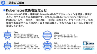 4
認定のご紹介
Kubernetes技術者認定とは
Kubernetesの管理・運用やKubernetes用のアプリケーションを開発・構築す
ることができるスキルの証明です。LPI-JapanはAuthorized Certification
Partnerとして、「CKA」「CKAD」「CKS」に加えて、クラウドネイティブの
概念や基礎が学べる「KCNA」の４つの試験と、それぞれのトレーニング教材を
提供しています。
CKA
基本的なインストールのほかに
Kubernetesクラスタを構成および管理
するスキルを備えていること証明します。
CKAD
Kubernetes用のクラウドネイティブ
アプリケーションを設計、構築、公開
できるスキルを備えていること証明します。
KCNA
Kubernetesとクラウドネイティブ
エコシステムの基本知識があることを
証明します。
CKS
コンテナベースのアプケーションや
Kubernetesプラットフォームの環境などの
セキュリティを確保できるスキルの証明。
 