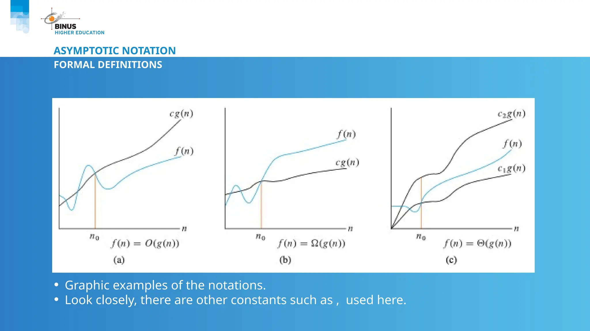 ASYMPTOTIC NOTATION
FORMAL DEFINITIONS
• Graphic examples of the notations.
• Look closely, there are other constants such as , used here.
 