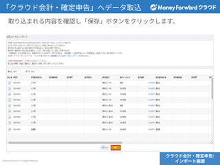 © Money Forward Inc. All Rights Reserved
「クラウド会計‧確定申告」へデータ取込
取り込まれる内容を確認し「保存」ボタンをクリックします。
クラウド会計‧確定申告:
インポート画⾯
 