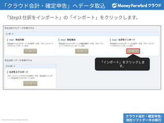 © Money Forward Inc. All Rights Reserved
「クラウド会計‧確定申告」へデータ取込
クラウド会計‧確定申告:
他社ソフトデータの移⾏
「Step3 仕訳をインポート」の「インポート」をクリックします。
「インポート」をクリックしま
す。
 