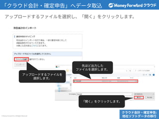 © Money Forward Inc. All Rights Reserved
アップロードするファイルを
選択します。
「クラウド会計‧確定申告」へデータ取込
クラウド会計‧確定申告:
他社ソフトデータの移⾏
アップロードするファイルを選択し、「開く」をクリックします。
先ほど出⼒した
ファイルを選択します。
「開く」をクリックします。
 