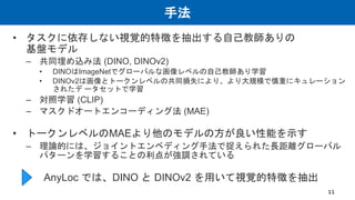 手法
• タスクに依存しない視覚的特徴を抽出する自己教師ありの
基盤モデル
– 共同埋め込み法 (DINO, DINOv2)
• DINOはImageNetでグローバルな画像レベルの自己教師あり学習
• DINOv2は画像とトークンレベルの共同損失により、より大規模で慎重にキュレーション
されたデ ータセットで学習
– 対照学習 (CLIP)
– マスクドオートエンコーディング法 (MAE)
• トークンレベルのMAEより他のモデルの方が良い性能を示す
– 理論的には、ジョイントエンベディング手法で捉えられた長距離グローバル
パターンを学習することの利点が強調されている
AnyLoc では、DINO と DINOv2 を用いて視覚的特徴を抽出
11
 