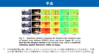 手法
• ViTの初期の層(上段)、特にキーファセ ットとクエリファセットは高い位置符号化バイアスを示し、 31層
(より深い層)の値ファセットは類似性マップにおいて最もシャープなコントラストを示すことがわかった
15
 