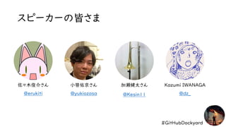 #GitHubDockyard
スピーカーの皆さま
Kazumi IWANAGA
加瀬健太さん
小笹佑京さん
@dz_
@Kesin11
@yukiozasa
佐々木俊介さん
@erukiti
 