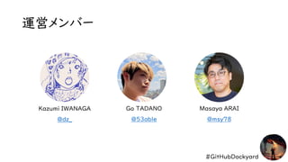 #GitHubDockyard
運営メンバー
Kazumi IWANAGA Masaya ARAI
Go TADANO
@dz_ @msy78
@53able
 