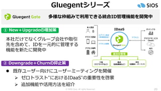 © SIOS Corp. All rights Reserved. 20
Gluegentシリーズ
多様な枠組みで利用できる統合ID管理機能を開発中
本社だけでなくグループ会社や取引
先を含めて、IDを一元的に管理する
機能を新たに開発中
⚫ 既存ユーザー向けにユーザーミーティングを開催
➢ ゼロトラスト*におけるIDaaS*の重要性を啓蒙
➢ 追加機能や活用方法を紹介
IDaaS
① New＋Upgradeの増加策
② Downgrade＋Churnの抑止策
 