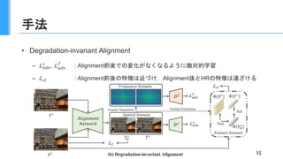 手法
• Degradation-invariant Alignment
– ℒ𝑎𝑑𝑣
𝑠
, ℒ𝑎𝑑𝑣
𝑓
: Alignment前後での変化がなくなるように敵対的学習
– ℒ𝑐𝑙 : Alignment前後の特徴は近づけ，Alignment後とHRの特徴は遠ざける
15
 