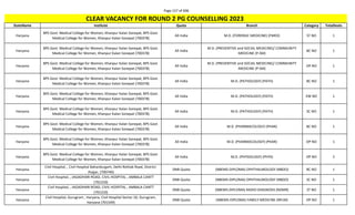 Page 157 of 696
StateName Institute Quota Branch Category TotalSeats
CLEAR VACANCY FOR ROUND 2 PG COUNSELLING 2023
Haryana
BPS Govt. Medical College for Women, Khanpur Kalan Sonepat, BPS Govt.
Medical College for Women, Khanpur Kalan Sonepat (700378)
All India M.D. (FORENSIC MEDICINE) (FMED) ST NO 1
Haryana
BPS Govt. Medical College for Women, Khanpur Kalan Sonepat, BPS Govt.
Medical College for Women, Khanpur Kalan Sonepat (700378)
All India
M.D. (PREVENTIVE and SOCIAL MEDICINE)/ COMMUNITY
MEDICINE (P-SM)
BC NO 1
Haryana
BPS Govt. Medical College for Women, Khanpur Kalan Sonepat, BPS Govt.
Medical College for Women, Khanpur Kalan Sonepat (700378)
All India
M.D. (PREVENTIVE and SOCIAL MEDICINE)/ COMMUNITY
MEDICINE (P-SM)
OP NO 1
Haryana
BPS Govt. Medical College for Women, Khanpur Kalan Sonepat, BPS Govt.
Medical College for Women, Khanpur Kalan Sonepat (700378)
All India M.D. (PATHOLOGY) (PATH) BC NO 1
Haryana
BPS Govt. Medical College for Women, Khanpur Kalan Sonepat, BPS Govt.
Medical College for Women, Khanpur Kalan Sonepat (700378)
All India M.D. (PATHOLOGY) (PATH) EW NO 1
Haryana
BPS Govt. Medical College for Women, Khanpur Kalan Sonepat, BPS Govt.
Medical College for Women, Khanpur Kalan Sonepat (700378)
All India M.D. (PATHOLOGY) (PATH) SC NO 1
Haryana
BPS Govt. Medical College for Women, Khanpur Kalan Sonepat, BPS Govt.
Medical College for Women, Khanpur Kalan Sonepat (700378)
All India M.D. (PHARMACOLOGY) (PHAR) BC NO 1
Haryana
BPS Govt. Medical College for Women, Khanpur Kalan Sonepat, BPS Govt.
Medical College for Women, Khanpur Kalan Sonepat (700378)
All India M.D. (PHARMACOLOGY) (PHAR) OP NO 1
Haryana
BPS Govt. Medical College for Women, Khanpur Kalan Sonepat, BPS Govt.
Medical College for Women, Khanpur Kalan Sonepat (700378)
All India M.D. (PHYSIOLOGY) (PHYS) OP NO 2
Haryana
Civil Hospital, , Civil Hospital Bahardurgarh, Delhi-Rohtak Road, District-
Jhajjar, (700740)
DNB Quota (NBEMS-DIPLOMA) OPHTHALMOLOGY (NBDO) BC NO 1
Haryana
Civil Hospital, , JAGADHARI ROAD, CIVIL HOSPITAL , AMBALA CANTT
(701310)
DNB Quota (NBEMS-DIPLOMA) OPHTHALMOLOGY (NBDO) SC NO 1
Haryana
Civil Hospital, , JAGADHARI ROAD, CIVIL HOSPITAL , AMBALA CANTT
(701310)
DNB Quota (NBEMS-DIPLOMA) RADIO-DIAGNOSIS (NDMR) ST NO 1
Haryana
Civil Hospital, Gurugram , Haryana, Civil Hospital Sector-10, Gurugram,
Haryana (701549)
DNB Quota (NBEMS-DIPLOMA) FAMILY MEDICINE (NFLM) OP NO 1
 