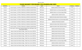 Page 161 of 696
StateName Institute Quota Branch Category TotalSeats
CLEAR VACANCY FOR ROUND 2 PG COUNSELLING 2023
Haryana General Hospital, , SECTOR-6, PANCHKULA, HARYANA-134108 (700724) DNB Quota (NBEMS) GENERAL MEDICINE (DMED) ST NO 1
Haryana General Hospital, , SECTOR-6, PANCHKULA, HARYANA-134108 (700724) DNB Quota (NBEMS) Obstetrics and Gynaecology (DOBG) BC NO 1
Haryana General Hospital, , SECTOR-6, PANCHKULA, HARYANA-134108 (700724) DNB Quota (NBEMS) Obstetrics and Gynaecology (DOBG) EW NO 1
Haryana General Hospital, , SECTOR-6, PANCHKULA, HARYANA-134108 (700724) DNB Quota (NBEMS) GENERAL SURGERY (DSUR) OP NO 1
Haryana General Hospital, , SECTOR-6, PANCHKULA, HARYANA-134108 (700724) DNB Quota (NBEMS-DIPLOMA) ANAESTHESIOLOGY (NBDA) SC NO 1
Haryana General Hospital, , SECTOR-6, PANCHKULA, HARYANA-134108 (700724) DNB Quota (NBEMS-DIPLOMA) Obstetrics and Gynaecology (NDGO) OP NO 1
Haryana General Hospital, , SECTOR-6, PANCHKULA, HARYANA-134108 (700724) DNB Quota (NBEMS) ORTHOPAEDICS (NDORT) SC NO 1
Haryana General Hospital, , SECTOR-6, PANCHKULA, HARYANA-134108 (700724) DNB Quota (NBEMS-DIPLOMA) FAMILY MEDICINE (NFLM) OP NO 1
Haryana General Hospital, , SECTOR-6, PANCHKULA, HARYANA-134108 (700724) DNB Quota (NBEMS-DIPLOMA) FAMILY MEDICINE (NFLM) ST NO 1
Haryana
Kainos Super , Kainos Super Speciality Hospital, Kheri Sadh Bypass, Delhi
Road, Rohtak (700741)
DNB Quota (NBEMS) ANAESTHESIOLOGY (DANS) OP NO 1
Haryana Kalpana Chawla Govt Medical College, , Model Town, Karnal (700733) DNB Quota (NBEMS) ANAESTHESIOLOGY (DANS) BC NO 1
Haryana Kalpana Chawla Govt Medical College, , Model Town, Karnal (700733) DNB Quota (NBEMS) ANAESTHESIOLOGY (DANS) OP NO 1
Haryana Kalpana Chawla Govt Medical College, , Model Town, Karnal (700733) DNB Quota (NBEMS) ANAESTHESIOLOGY (DANS) SC NO 1
Haryana Kalpana Chawla Govt Medical College, , Model Town, Karnal (700733) DNB Quota (NBEMS) GENERAL MEDICINE (DMED) OP NO 1
Haryana Kalpana Chawla Govt Medical College, , Model Town, Karnal (700733) DNB Quota (NBEMS) Obstetrics and Gynaecology (DOBG) OP PH 1
Haryana Kalpana Chawla Govt Medical College, , Model Town, Karnal (700733) DNB Quota (NBEMS) GENERAL SURGERY (DSUR) BC PH 1
Haryana Kalpana Chawla Govt Medical College, , Model Town, Karnal (700733) DNB Quota (NBEMS) GENERAL SURGERY (DSUR) OP NO 1
 