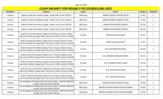 Page 162 of 696
StateName Institute Quota Branch Category TotalSeats
CLEAR VACANCY FOR ROUND 2 PG COUNSELLING 2023
Haryana Kalpana Chawla Govt Medical College, , Model Town, Karnal (700733) DNB Quota (NBEMS) GENERAL SURGERY (DSUR) SC NO 1
Haryana Kalpana Chawla Govt Medical College, , Model Town, Karnal (700733) DNB Quota (NBEMS) GENERAL SURGERY (DSUR) ST NO 1
Haryana Kalpana Chawla Govt Medical College, , Model Town, Karnal (700733) DNB Quota (NBEMS) ORTHOPAEDICS (NDORT) BC NO 1
Haryana Kalpana Chawla Govt Medical College, , Model Town, Karnal (700733) DNB Quota (NBEMS) ORTHOPAEDICS (NDORT) EW NO 1
Haryana
Kalpana Chawla Govt Medical College, Karnal, Haryana, Kalpana Chawla
Government Medical College Model Town Karnal 132001 Haryana (701698)
All India MD/MS (Anatomy) (ANAT) BC NO 1
Haryana
Kalpana Chawla Govt Medical College, Karnal, Haryana, Kalpana Chawla
Government Medical College Model Town Karnal 132001 Haryana (701698)
All India MD/MS (Anatomy) (ANAT) ST NO 1
Haryana
Kalpana Chawla Govt Medical College, Karnal, Haryana, Kalpana Chawla
Government Medical College Model Town Karnal 132001 Haryana (701698)
All India M.D. (BIOCHEMISTRY) (BIOC) EW NO 1
Haryana
Kalpana Chawla Govt Medical College, Karnal, Haryana, Kalpana Chawla
Government Medical College Model Town Karnal 132001 Haryana (701698)
All India M.D. (FORENSIC MEDICINE) (FMED) BC PH 1
Haryana
Kalpana Chawla Govt Medical College, Karnal, Haryana, Kalpana Chawla
Government Medical College Model Town Karnal 132001 Haryana (701698)
All India M.D. (PHARMACOLOGY) (PHAR) OP NO 1
Haryana
Kalpana Chawla Govt Medical College, Karnal, Haryana, Kalpana Chawla
Government Medical College Model Town Karnal 132001 Haryana (701698)
All India M.D. (PHYSIOLOGY) (PHYS) BC NO 1
Haryana
Kalpana Chawla Govt Medical College, Karnal, Haryana, Kalpana Chawla
Government Medical College Model Town Karnal 132001 Haryana (701698)
All India M.D. (PHYSIOLOGY) (PHYS) OP NO 1
Haryana
Lala Harbhagwan Das Memorial and Dr Prem Hospital, , BISHAN SWAROOP
COLONY, OPP. BUS STAND (700736)
DNB Quota (NBEMS) GENERAL SURGERY (DSUR) OP NO 2
Haryana
Lala Harbhagwan Das Memorial and Dr Prem Hospital, , BISHAN SWAROOP
COLONY, OPP. BUS STAND (700736)
DNB Quota (NBEMS-DIPLOMA) ANAESTHESIOLOGY (NBDA) OP NO 2
Haryana
Lala Harbhagwan Das Memorial and Dr Prem Hospital, , BISHAN SWAROOP
COLONY, OPP. BUS STAND (700736)
DNB Quota (NBEMS-DIPLOMA) RADIO-DIAGNOSIS (NDMR) OP NO 1
 
