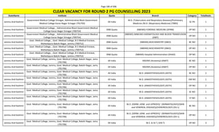 Page 186 of 696
StateName Institute Quota Branch Category TotalSeats
CLEAR VACANCY FOR ROUND 2 PG COUNSELLING 2023
Jammu And Kashmir
Government Medical College Srinagar, Administrative Block Government
Medical College Karan Nagar Srinagar (701703)
All India
M.D. (Tuberculosis and Respiratory diseases)/Pulmonary
Medicine /M.D. (Respiratory Medicine) (TBRD)
SC PH 1
Jammu And Kashmir
Government Medical College, , Administrative Block Government Medical
College Karan Nagar Srinagar (700754)
DNB Quota (NBEMS) FORENSIC MEDICINE (DFRM) OP NO 1
Jammu And Kashmir
Government Medical College, , Administrative Block Government Medical
College Karan Nagar Srinagar (700754)
DNB Quota
(NBEMS) IMMUNO-HAEMATOLOGY AND BLOOD TRANSFUSION
(DIBT)
OP NO 1
Jammu And Kashmir
Govt. Medical College, , Govt. Medical College, B-5 Medical Enclave,
Maheshpura Bakshi Nagar, Jammu (700752)
DNB Quota (NBEMS) BIOCHEMISTRY (DBIO) BC NO 1
Jammu And Kashmir
Govt. Medical College, , Govt. Medical College, B-5 Medical Enclave,
Maheshpura Bakshi Nagar, Jammu (700752)
DNB Quota (NBEMS) BIOCHEMISTRY (DBIO) OP NO 1
Jammu And Kashmir
Govt. Medical College, , Govt. Medical College, B-5 Medical Enclave,
Maheshpura Bakshi Nagar, Jammu (700752)
DNB Quota (NBEMS) Hospital Administration (DHAD) OP NO 1
Jammu And Kashmir
Govt. Medical College, Jammu, Govt. Medical College, Bakshi Nagar, Jamu
(701706)
All India MD/MS (Anatomy) (ANAT) BC NO 1
Jammu And Kashmir
Govt. Medical College, Jammu, Govt. Medical College, Bakshi Nagar, Jamu
(701706)
All India MD/MS (Anatomy) (ANAT) OP NO 2
Jammu And Kashmir
Govt. Medical College, Jammu, Govt. Medical College, Bakshi Nagar, Jamu
(701706)
All India M.D. (ANAESTHESIOLOGY) (ASTH) BC NO 2
Jammu And Kashmir
Govt. Medical College, Jammu, Govt. Medical College, Bakshi Nagar, Jamu
(701706)
All India M.D. (ANAESTHESIOLOGY) (ASTH) EW NO 1
Jammu And Kashmir
Govt. Medical College, Jammu, Govt. Medical College, Bakshi Nagar, Jamu
(701706)
All India M.D. (ANAESTHESIOLOGY) (ASTH) OP NO 2
Jammu And Kashmir
Govt. Medical College, Jammu, Govt. Medical College, Bakshi Nagar, Jamu
(701706)
All India M.D. (ANAESTHESIOLOGY) (ASTH) SC NO 1
Jammu And Kashmir
Govt. Medical College, Jammu, Govt. Medical College, Bakshi Nagar, Jamu
(701706)
All India M.D. (ANAESTHESIOLOGY) (ASTH) ST NO 1
Jammu And Kashmir
Govt. Medical College, Jammu, Govt. Medical College, Bakshi Nagar, Jamu
(701706)
All India
M.D. (DERM.,VENE. and LEPROSY)/ (DERMATOLOGY)/(SKIN
and VENEREAL DISEASES)/(VENEREOLOGY) (DV-L)
BC NO 1
Jammu And Kashmir
Govt. Medical College, Jammu, Govt. Medical College, Bakshi Nagar, Jamu
(701706)
All India
M.D. (DERM.,VENE. and LEPROSY)/ (DERMATOLOGY)/(SKIN
and VENEREAL DISEASES)/(VENEREOLOGY) (DV-L)
OP NO 1
Jammu And Kashmir
Govt. Medical College, Jammu, Govt. Medical College, Bakshi Nagar, Jamu
(701706)
All India M.S. (E.N.T.) (EN-T) OP NO 3
 