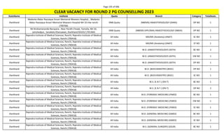 Page 195 of 696
StateName Institute Quota Branch Category TotalSeats
CLEAR VACANCY FOR ROUND 2 PG COUNSELLING 2023
Jharkhand
Medanta Abdur Razzaque Ansari Memorial Weavers Hospital, , Medanta
Abdur Razzaque Ansari Memorial Weavers Hospital NH 33 Irba ranchi
(700766)
DNB Quota (NBEMS) ANAESTHESIOLOGY (DANS) OP NO 1
Jharkhand
NH Brahamananda Narayana , Near Pardih Chowk, Tamolia, NH 33,
Jamshedpur, Saraikela-Kharsawan, Jharkhand 831012 (701364)
DNB Quota (NBEMS-DIPLOMA) ANAESTHESIOLOGY (NBDA) OP NO 1
Jharkhand
Rajendra Institute of Medical Sciences, Ranchi, Rajendra Institute of Medical
Sciences, Ranchi (700418)
All India MD/MS (Anatomy) (ANAT) SC NO 1
Jharkhand
Rajendra Institute of Medical Sciences, Ranchi, Rajendra Institute of Medical
Sciences, Ranchi (700418)
All India MD/MS (Anatomy) (ANAT) ST NO 1
Jharkhand
Rajendra Institute of Medical Sciences, Ranchi, Rajendra Institute of Medical
Sciences, Ranchi (700418)
All India M.D. (ANAESTHESIOLOGY) (ASTH) BC NO 2
Jharkhand
Rajendra Institute of Medical Sciences, Ranchi, Rajendra Institute of Medical
Sciences, Ranchi (700418)
All India M.D. (ANAESTHESIOLOGY) (ASTH) EW NO 1
Jharkhand
Rajendra Institute of Medical Sciences, Ranchi, Rajendra Institute of Medical
Sciences, Ranchi (700418)
All India M.D. (ANAESTHESIOLOGY) (ASTH) OP NO 1
Jharkhand
Rajendra Institute of Medical Sciences, Ranchi, Rajendra Institute of Medical
Sciences, Ranchi (700418)
All India M.D. (BIOCHEMISTRY) (BIOC) OP NO 1
Jharkhand
Rajendra Institute of Medical Sciences, Ranchi, Rajendra Institute of Medical
Sciences, Ranchi (700418)
All India M.D. (BIOCHEMISTRY) (BIOC) SC NO 1
Jharkhand
Rajendra Institute of Medical Sciences, Ranchi, Rajendra Institute of Medical
Sciences, Ranchi (700418)
All India M.S. (E.N.T.) (EN-T) BC NO 1
Jharkhand
Rajendra Institute of Medical Sciences, Ranchi, Rajendra Institute of Medical
Sciences, Ranchi (700418)
All India M.S. (E.N.T.) (EN-T) OP NO 2
Jharkhand
Rajendra Institute of Medical Sciences, Ranchi, Rajendra Institute of Medical
Sciences, Ranchi (700418)
All India M.D. (FORENSIC MEDICINE) (FMED) BC NO 1
Jharkhand
Rajendra Institute of Medical Sciences, Ranchi, Rajendra Institute of Medical
Sciences, Ranchi (700418)
All India M.D. (FORENSIC MEDICINE) (FMED) EW NO 1
Jharkhand
Rajendra Institute of Medical Sciences, Ranchi, Rajendra Institute of Medical
Sciences, Ranchi (700418)
All India M.D. (FORENSIC MEDICINE) (FMED) SC NO 1
Jharkhand
Rajendra Institute of Medical Sciences, Ranchi, Rajendra Institute of Medical
Sciences, Ranchi (700418)
All India M.D. (GENERAL MEDICINE) (GMED) BC NO 1
Jharkhand
Rajendra Institute of Medical Sciences, Ranchi, Rajendra Institute of Medical
Sciences, Ranchi (700418)
All India M.D. (GENERAL MEDICINE) (GMED) SC NO 1
Jharkhand
Rajendra Institute of Medical Sciences, Ranchi, Rajendra Institute of Medical
Sciences, Ranchi (700418)
All India M.S. (GENERAL SURGERY) (GSUR) BC NO 1
 