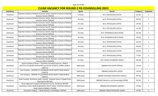 Page 197 of 696
StateName Institute Quota Branch Category TotalSeats
CLEAR VACANCY FOR ROUND 2 PG COUNSELLING 2023
Jharkhand
Rajendra Institute of Medical Sciences, Ranchi, Rajendra Institute of Medical
Sciences, Ranchi (700418)
All India M.D. (PATHOLOGY) (PATH) BC NO 1
Jharkhand
Rajendra Institute of Medical Sciences, Ranchi, Rajendra Institute of Medical
Sciences, Ranchi (700418)
All India M.D. (PATHOLOGY) (PATH) EW NO 1
Jharkhand
Rajendra Institute of Medical Sciences, Ranchi, Rajendra Institute of Medical
Sciences, Ranchi (700418)
All India M.D. (PATHOLOGY) (PATH) OP NO 2
Jharkhand
Rajendra Institute of Medical Sciences, Ranchi, Rajendra Institute of Medical
Sciences, Ranchi (700418)
All India M.D. (PATHOLOGY) (PATH) SC NO 1
Jharkhand
Rajendra Institute of Medical Sciences, Ranchi, Rajendra Institute of Medical
Sciences, Ranchi (700418)
All India M.D. (PHARMACOLOGY) (PHAR) BC NO 1
Jharkhand
Rajendra Institute of Medical Sciences, Ranchi, Rajendra Institute of Medical
Sciences, Ranchi (700418)
All India M.D. (PHARMACOLOGY) (PHAR) OP NO 2
Jharkhand
Rajendra Institute of Medical Sciences, Ranchi, Rajendra Institute of Medical
Sciences, Ranchi (700418)
All India M.D. (PHYSIOLOGY) (PHYS) BC NO 1
Jharkhand
Rajendra Institute of Medical Sciences, Ranchi, Rajendra Institute of Medical
Sciences, Ranchi (700418)
All India M.D. (PHYSIOLOGY) (PHYS) EW NO 1
Jharkhand
Rajendra Institute of Medical Sciences, Ranchi, Rajendra Institute of Medical
Sciences, Ranchi (700418)
All India M.D. (PHYSIOLOGY) (PHYS) OP NO 1
Jharkhand
Rajendra Institute of Medical Sciences, Ranchi, Rajendra Institute of Medical
Sciences, Ranchi (700418)
All India M.D. (PHYSIOLOGY) (PHYS) ST NO 1
Jharkhand
Rajendra Institute of Medical Sciences, Ranchi, Rajendra Institute of Medical
Sciences, Ranchi (700418)
All India M.D. (RADIO-DIAGNOSIS) (RADD) EW NO 1
Jharkhand
Ranchi Institute of Nuero - Psychiatry and Allied Sciences,, RANCHI
INSTITUTE of NEURO-PSYCHIATRY and ALLIED SCIENCES, KANKE, RANCHI
(700771)
DNB Quota (NBEMS) PSYCHIATRY (DPSYN) OP NO 1
Jharkhand
Rani Hospital, , INFRONT OF GOVERNOR HOUSE BOOTY ROAD RANCHI
(700767)
DNB Quota (NBEMS) PAEDIATRICS (DPED) OP NO 2
Jharkhand
Rani Hospital, , INFRONT OF GOVERNOR HOUSE BOOTY ROAD RANCHI
(700767)
DNB Quota (NBEMS-DIPLOMA) PAEDIATRICS (NDCH) OP NO 1
Jharkhand
Sadar Hospital, Jharkhand, Sadar Hospital Opposite Xaviers College Purlia
Road Ranchi (901762)
DNB Quota (NBEMS) Obstetrics and Gynaecology (DOBG) BC NO 1
Jharkhand
Shree Jagannath Hospital and Research Centre, Jharkhand, BEHIND
MACHHALI GHAR, NEAR RAJBHAWAN, BOOTY ROAD, THROUGH RADIUM
ROAD, RANCHI-834001 (701480)
DNB Quota (NBEMS) ORTHOPAEDICS (NDORT) OP NO 1
Jharkhand Tata Main Hospital, , C Road, Bistupur, Jamshedpur (700764) DNB Quota (NBEMS) ANAESTHESIOLOGY (DANS) OP NO 3
 