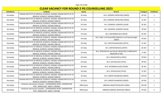 Page 219 of 696
StateName Institute Quota Branch Category TotalSeats
CLEAR VACANCY FOR ROUND 2 PG COUNSELLING 2023
Karnataka
HASSAN INSTITUTE OF MEDICAL SCIENCES, HASSAN, HASSAN INSTITUTE OF
MEDICAL SCIENCES, HASSAN (700413)
All India M.D. (GENERAL MEDICINE) (GMED) OP NO 1
Karnataka
HASSAN INSTITUTE OF MEDICAL SCIENCES, HASSAN, HASSAN INSTITUTE OF
MEDICAL SCIENCES, HASSAN (700413)
All India M.D. (GENERAL MEDICINE) (GMED) SC NO 1
Karnataka
HASSAN INSTITUTE OF MEDICAL SCIENCES, HASSAN, HASSAN INSTITUTE OF
MEDICAL SCIENCES, HASSAN (700413)
All India M.S. (GENERAL SURGERY) (GSUR) BC NO 1
Karnataka
HASSAN INSTITUTE OF MEDICAL SCIENCES, HASSAN, HASSAN INSTITUTE OF
MEDICAL SCIENCES, HASSAN (700413)
All India M.S. (GENERAL SURGERY) (GSUR) OP NO 1
Karnataka
HASSAN INSTITUTE OF MEDICAL SCIENCES, HASSAN, HASSAN INSTITUTE OF
MEDICAL SCIENCES, HASSAN (700413)
All India M.D. (MICROBIOLOGY) (MICR) BC NO 1
Karnataka
HASSAN INSTITUTE OF MEDICAL SCIENCES, HASSAN, HASSAN INSTITUTE OF
MEDICAL SCIENCES, HASSAN (700413)
All India
M.D. (Obst. and Gynae)/MS (Obstetrics and Gynaecology)
(OBGY)
OP NO 1
Karnataka
HASSAN INSTITUTE OF MEDICAL SCIENCES, HASSAN, HASSAN INSTITUTE OF
MEDICAL SCIENCES, HASSAN (700413)
All India M.S. (OPHTHALMOLOGY) (OPTH) SC NO 1
Karnataka
HASSAN INSTITUTE OF MEDICAL SCIENCES, HASSAN, HASSAN INSTITUTE OF
MEDICAL SCIENCES, HASSAN (700413)
All India M.S. (ORTHOPAEDICS) (ORTH) BC NO 1
Karnataka
HASSAN INSTITUTE OF MEDICAL SCIENCES, HASSAN, HASSAN INSTITUTE OF
MEDICAL SCIENCES, HASSAN (700413)
All India
M.D. (PREVENTIVE and SOCIAL MEDICINE)/ COMMUNITY
MEDICINE (P-SM)
ST NO 1
Karnataka
HASSAN INSTITUTE OF MEDICAL SCIENCES, HASSAN, HASSAN INSTITUTE OF
MEDICAL SCIENCES, HASSAN (700413)
All India M.D. (PAEDIATRICS) (PAED) OP NO 2
Karnataka
HASSAN INSTITUTE OF MEDICAL SCIENCES, HASSAN, HASSAN INSTITUTE OF
MEDICAL SCIENCES, HASSAN (700413)
All India M.D. (PATHOLOGY) (PATH) OP NO 1
Karnataka
HASSAN INSTITUTE OF MEDICAL SCIENCES, HASSAN, HASSAN INSTITUTE OF
MEDICAL SCIENCES, HASSAN (700413)
All India M.D. (PHARMACOLOGY) (PHAR) BC NO 1
Karnataka
HASSAN INSTITUTE OF MEDICAL SCIENCES, HASSAN, HASSAN INSTITUTE OF
MEDICAL SCIENCES, HASSAN (700413)
All India M.D. (PHYSIOLOGY) (PHYS) SC NO 1
Karnataka
HASSAN INSTITUTE OF MEDICAL SCIENCES, HASSAN, HASSAN INSTITUTE OF
MEDICAL SCIENCES, HASSAN (700413)
All India M.D. (RADIO-DIAGNOSIS) (RADD) EW NO 1
Karnataka
HASSAN INSTITUTE OF MEDICAL SCIENCES, HASSAN, HASSAN INSTITUTE OF
MEDICAL SCIENCES, HASSAN (700413)
All India M.D. (RADIO-DIAGNOSIS) (RADD) OP NO 1
Karnataka
Hindustan Aeronautics Hospital, , SURANJANDAS ROAD ,VIMANAPURA
POST BANGALORE -560017 (700784)
DNB Quota (NBEMS) ANAESTHESIOLOGY (DANS) EW NO 1
Karnataka
Hindustan Aeronautics Hospital, , SURANJANDAS ROAD ,VIMANAPURA
POST BANGALORE -560017 (700784)
DNB Quota (NBEMS) GENERAL MEDICINE (DMED) OP NO 2
 