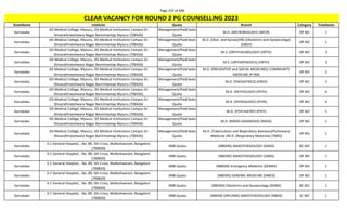 Page 223 of 696
StateName Institute Quota Branch Category TotalSeats
CLEAR VACANCY FOR ROUND 2 PG COUNSELLING 2023
Karnataka
JSS Medical College, Mysuru, JSS Medical Institutions Campus Sri
Shivarathreeshwara Nagar Bannimantap Mysuru (700426)
Management/Paid Seats
Quota
M.D. (MICROBIOLOGY) (MICR) OP NO 1
Karnataka
JSS Medical College, Mysuru, JSS Medical Institutions Campus Sri
Shivarathreeshwara Nagar Bannimantap Mysuru (700426)
Management/Paid Seats
Quota
M.D. (Obst. and Gynae)/MS (Obstetrics and Gynaecology)
(OBGY)
OP NO 1
Karnataka
JSS Medical College, Mysuru, JSS Medical Institutions Campus Sri
Shivarathreeshwara Nagar Bannimantap Mysuru (700426)
Management/Paid Seats
Quota
M.S. (OPHTHALMOLOGY) (OPTH) OP NO 3
Karnataka
JSS Medical College, Mysuru, JSS Medical Institutions Campus Sri
Shivarathreeshwara Nagar Bannimantap Mysuru (700426)
Management/Paid Seats
Quota
M.S. (ORTHOPAEDICS) (ORTH) OP NO 3
Karnataka
JSS Medical College, Mysuru, JSS Medical Institutions Campus Sri
Shivarathreeshwara Nagar Bannimantap Mysuru (700426)
Management/Paid Seats
Quota
M.D. (PREVENTIVE and SOCIAL MEDICINE)/ COMMUNITY
MEDICINE (P-SM)
OP NO 2
Karnataka
JSS Medical College, Mysuru, JSS Medical Institutions Campus Sri
Shivarathreeshwara Nagar Bannimantap Mysuru (700426)
Management/Paid Seats
Quota
M.D. (PAEDIATRICS) (PAED) OP NO 2
Karnataka
JSS Medical College, Mysuru, JSS Medical Institutions Campus Sri
Shivarathreeshwara Nagar Bannimantap Mysuru (700426)
Management/Paid Seats
Quota
M.D. (PATHOLOGY) (PATH) OP NO 6
Karnataka
JSS Medical College, Mysuru, JSS Medical Institutions Campus Sri
Shivarathreeshwara Nagar Bannimantap Mysuru (700426)
Management/Paid Seats
Quota
M.D. (PHYSIOLOGY) (PHYS) OP NO 4
Karnataka
JSS Medical College, Mysuru, JSS Medical Institutions Campus Sri
Shivarathreeshwara Nagar Bannimantap Mysuru (700426)
Management/Paid Seats
Quota
M.D. (PSYCHIATRY) (PSYY) OP NO 1
Karnataka
JSS Medical College, Mysuru, JSS Medical Institutions Campus Sri
Shivarathreeshwara Nagar Bannimantap Mysuru (700426)
Management/Paid Seats
Quota
M.D. (RADIO-DIAGNOSIS) (RADD) OP NO 1
Karnataka
JSS Medical College, Mysuru, JSS Medical Institutions Campus Sri
Shivarathreeshwara Nagar Bannimantap Mysuru (700426)
Management/Paid Seats
Quota
M.D. (Tuberculosis and Respiratory diseases)/Pulmonary
Medicine /M.D. (Respiratory Medicine) (TBRD)
OP NO 1
Karnataka
K C General Hospital, , No. 89, 5th Cross, Malleshwaram, Bangalore
(700820)
DNB Quota (NBEMS) ANAESTHESIOLOGY (DANS) BC NO 1
Karnataka
K C General Hospital, , No. 89, 5th Cross, Malleshwaram, Bangalore
(700820)
DNB Quota (NBEMS) ANAESTHESIOLOGY (DANS) OP NO 1
Karnataka
K C General Hospital, , No. 89, 5th Cross, Malleshwaram, Bangalore
(700820)
DNB Quota (NBEMS) Emergency Medicine (DEMM) OP NO 1
Karnataka
K C General Hospital, , No. 89, 5th Cross, Malleshwaram, Bangalore
(700820)
DNB Quota (NBEMS) GENERAL MEDICINE (DMED) OP NO 1
Karnataka
K C General Hospital, , No. 89, 5th Cross, Malleshwaram, Bangalore
(700820)
DNB Quota (NBEMS) Obstetrics and Gynaecology (DOBG) BC NO 1
Karnataka
K C General Hospital, , No. 89, 5th Cross, Malleshwaram, Bangalore
(700820)
DNB Quota (NBEMS-DIPLOMA) ANAESTHESIOLOGY (NBDA) SC NO 1
 