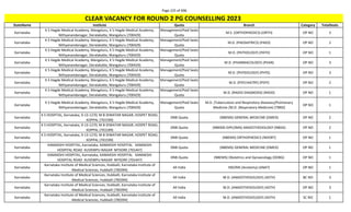Page 225 of 696
StateName Institute Quota Branch Category TotalSeats
CLEAR VACANCY FOR ROUND 2 PG COUNSELLING 2023
Karnataka
K S Hegde Medical Academy, Mangaluru, K S Hegde Medical Academy,
Nithyanandanagar, Deralakatte, Mangaluru (700429)
Management/Paid Seats
Quota
M.S. (ORTHOPAEDICS) (ORTH) OP NO 3
Karnataka
K S Hegde Medical Academy, Mangaluru, K S Hegde Medical Academy,
Nithyanandanagar, Deralakatte, Mangaluru (700429)
Management/Paid Seats
Quota
M.D. (PAEDIATRICS) (PAED) OP NO 2
Karnataka
K S Hegde Medical Academy, Mangaluru, K S Hegde Medical Academy,
Nithyanandanagar, Deralakatte, Mangaluru (700429)
Management/Paid Seats
Quota
M.D. (PATHOLOGY) (PATH) OP NO 1
Karnataka
K S Hegde Medical Academy, Mangaluru, K S Hegde Medical Academy,
Nithyanandanagar, Deralakatte, Mangaluru (700429)
Management/Paid Seats
Quota
M.D. (PHARMACOLOGY) (PHAR) OP NO 3
Karnataka
K S Hegde Medical Academy, Mangaluru, K S Hegde Medical Academy,
Nithyanandanagar, Deralakatte, Mangaluru (700429)
Management/Paid Seats
Quota
M.D. (PHYSIOLOGY) (PHYS) OP NO 3
Karnataka
K S Hegde Medical Academy, Mangaluru, K S Hegde Medical Academy,
Nithyanandanagar, Deralakatte, Mangaluru (700429)
Management/Paid Seats
Quota
M.D. (PSYCHIATRY) (PSYY) OP NO 2
Karnataka
K S Hegde Medical Academy, Mangaluru, K S Hegde Medical Academy,
Nithyanandanagar, Deralakatte, Mangaluru (700429)
Management/Paid Seats
Quota
M.D. (RADIO-DIAGNOSIS) (RADD) OP NO 1
Karnataka
K S Hegde Medical Academy, Mangaluru, K S Hegde Medical Academy,
Nithyanandanagar, Deralakatte, Mangaluru (700429)
Management/Paid Seats
Quota
M.D. (Tuberculosis and Respiratory diseases)/Pulmonary
Medicine /M.D. (Respiratory Medicine) (TBRD)
OP NO 1
Karnataka
K S HOSPITAL, Karnataka, 9-13-1270, M B DIWATAR NAGAR, HOSPET ROAD,
KOPPAL (701599)
DNB Quota (NBEMS) GENERAL MEDICINE (DMED) OP NO 2
Karnataka
K S HOSPITAL, Karnataka, 9-13-1270, M B DIWATAR NAGAR, HOSPET ROAD,
KOPPAL (701599)
DNB Quota (NBEMS-DIPLOMA) ANAESTHESIOLOGY (NBDA) OP NO 2
Karnataka
K S HOSPITAL, Karnataka, 9-13-1270, M B DIWATAR NAGAR, HOSPET ROAD,
KOPPAL (701599)
DNB Quota (NBEMS) ORTHOPAEDICS (NDORT) OP NO 1
Karnataka
KAMAKSHI HOSPITAL, Karnataka, KAMAKSHI HOSPITAL KAMAKSHI
HOSPITAL ROAD KUVEMPU NAGAR MYSORE (701447)
DNB Quota (NBEMS) GENERAL MEDICINE (DMED) OP NO 1
Karnataka
KAMAKSHI HOSPITAL, Karnataka, KAMAKSHI HOSPITAL KAMAKSHI
HOSPITAL ROAD KUVEMPU NAGAR MYSORE (701447)
DNB Quota (NBEMS) Obstetrics and Gynaecology (DOBG) OP NO 1
Karnataka
Karnataka Institute of Medical Sciences, Hubballi, Karnataka Institute of
Medical Sciences, Hubballi (700394)
All India MD/MS (Anatomy) (ANAT) OP NO 1
Karnataka
Karnataka Institute of Medical Sciences, Hubballi, Karnataka Institute of
Medical Sciences, Hubballi (700394)
All India M.D. (ANAESTHESIOLOGY) (ASTH) BC NO 3
Karnataka
Karnataka Institute of Medical Sciences, Hubballi, Karnataka Institute of
Medical Sciences, Hubballi (700394)
All India M.D. (ANAESTHESIOLOGY) (ASTH) OP NO 3
Karnataka
Karnataka Institute of Medical Sciences, Hubballi, Karnataka Institute of
Medical Sciences, Hubballi (700394)
All India M.D. (ANAESTHESIOLOGY) (ASTH) SC NO 1
 
