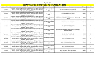 Page 232 of 696
StateName Institute Quota Branch Category TotalSeats
CLEAR VACANCY FOR ROUND 2 PG COUNSELLING 2023
Karnataka
Kasturba Medical College Manipal, Manipal Academy Of Higher Education,
Manipal, Kasturba Medical College Manipal, Manipal Academy Of Higher
Education, Manipal (700424)
Management/Paid Seats
Quota
M.D. (Hospital Administration) (HADM) OP NO 1
Karnataka
Kasturba Medical College Manipal, Manipal Academy Of Higher Education,
Manipal, Kasturba Medical College Manipal, Manipal Academy Of Higher
Education, Manipal (700424)
Management/Paid Seats
Quota
M.D. (MICROBIOLOGY) (MICR) OP NO 3
Karnataka
Kasturba Medical College Manipal, Manipal Academy Of Higher Education,
Manipal, Kasturba Medical College Manipal, Manipal Academy Of Higher
Education, Manipal (700424)
Management/Paid Seats
Quota
M.D. (Obst. and Gynae)/MS (Obstetrics and Gynaecology)
(OBGY)
OP NO 6
Karnataka
Kasturba Medical College Manipal, Manipal Academy Of Higher Education,
Manipal, Kasturba Medical College Manipal, Manipal Academy Of Higher
Education, Manipal (700424)
Management/Paid Seats
Quota
M.S. (OPHTHALMOLOGY) (OPTH) OP NO 1
Karnataka
Kasturba Medical College Manipal, Manipal Academy Of Higher Education,
Manipal, Kasturba Medical College Manipal, Manipal Academy Of Higher
Education, Manipal (700424)
Management/Paid Seats
Quota
M.S. (ORTHOPAEDICS) (ORTH) OP NO 4
Karnataka
Kasturba Medical College Manipal, Manipal Academy Of Higher Education,
Manipal, Kasturba Medical College Manipal, Manipal Academy Of Higher
Education, Manipal (700424)
Management/Paid Seats
Quota
M.D. (PREVENTIVE and SOCIAL MEDICINE)/ COMMUNITY
MEDICINE (P-SM)
OP NO 5
Karnataka
Kasturba Medical College Manipal, Manipal Academy Of Higher Education,
Manipal, Kasturba Medical College Manipal, Manipal Academy Of Higher
Education, Manipal (700424)
Management/Paid Seats
Quota
M.D. (PAEDIATRICS) (PAED) OP NO 2
Karnataka
Kasturba Medical College Manipal, Manipal Academy Of Higher Education,
Manipal, Kasturba Medical College Manipal, Manipal Academy Of Higher
Education, Manipal (700424)
Management/Paid Seats
Quota
M.D. (PATHOLOGY) (PATH) OP NO 9
Karnataka
Kasturba Medical College Manipal, Manipal Academy Of Higher Education,
Manipal, Kasturba Medical College Manipal, Manipal Academy Of Higher
Education, Manipal (700424)
Management/Paid Seats
Quota
M.D. (PHARMACOLOGY) (PHAR) OP NO 5
Karnataka
Kasturba Medical College Manipal, Manipal Academy Of Higher Education,
Manipal, Kasturba Medical College Manipal, Manipal Academy Of Higher
Education, Manipal (700424)
Management/Paid Seats
Quota
M.D. (PHYSIOLOGY) (PHYS) OP NO 1
Karnataka
Kasturba Medical College Manipal, Manipal Academy Of Higher Education,
Manipal, Kasturba Medical College Manipal, Manipal Academy Of Higher
Education, Manipal (700424)
Management/Paid Seats
Quota
M.D. (PALLIATIVE MEDICINE) (PMED) OP NO 2
 
