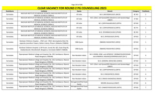 Page 243 of 696
StateName Institute Quota Branch Category TotalSeats
CLEAR VACANCY FOR ROUND 2 PG COUNSELLING 2023
Karnataka
RAICHUR INSTITUTE OF MEDICAL SCIENCES, RAICHUR INSTITUTE OF
MEDICAL SCIENCES (700411)
All India M.D. (MICROBIOLOGY) (MICR) BC NO 1
Karnataka
RAICHUR INSTITUTE OF MEDICAL SCIENCES, RAICHUR INSTITUTE OF
MEDICAL SCIENCES (700411)
All India
M.D. (Obst. and Gynae)/MS (Obstetrics and Gynaecology)
(OBGY)
ST NO 1
Karnataka
RAICHUR INSTITUTE OF MEDICAL SCIENCES, RAICHUR INSTITUTE OF
MEDICAL SCIENCES (700411)
All India M.S. (OPHTHALMOLOGY) (OPTH) OP NO 1
Karnataka
RAICHUR INSTITUTE OF MEDICAL SCIENCES, RAICHUR INSTITUTE OF
MEDICAL SCIENCES (700411)
All India M.S. (ORTHOPAEDICS) (ORTH) BC PH 1
Karnataka
RAICHUR INSTITUTE OF MEDICAL SCIENCES, RAICHUR INSTITUTE OF
MEDICAL SCIENCES (700411)
All India M.D. (PHARMACOLOGY) (PHAR) BC NO 1
Karnataka
RAICHUR INSTITUTE OF MEDICAL SCIENCES, RAICHUR INSTITUTE OF
MEDICAL SCIENCES (700411)
All India M.D. (PHYSIOLOGY) (PHYS) OP NO 1
Karnataka
Rainbow Childrens Hospital, , 178/1 and 178/2, Bannerghatta Main Rd,
opposite Janardhan Towers, Dollars Colony, Phase 4, Bilekaha (700834)
DNB Quota (NBEMS) PAEDIATRICS (DPED) OP NO 1
Karnataka
Rainbow Childrens Hospital, S, KR Puram, Survey No. 8/5, Outer Ring Rd,
Doddanekundi, Marathahalli, Bengaluru, Karnataka 560037 (700828)
DNB Quota (NBEMS) PAEDIATRICS (DPED) OP NO 1
Karnataka
Rajarajeswari Medical College and Hospital, No. 202, Kambipura, Mysore
Road, Bengaluru (700546)
Non-Resident Indian
M.D. (DERM.,VENE. and LEPROSY)/ (DERMATOLOGY)/(SKIN
and VENEREAL DISEASES)/(VENEREOLOGY) (DV-L)
OP NO 4
Karnataka
Rajarajeswari Medical College and Hospital, No. 202, Kambipura, Mysore
Road, Bengaluru (700546)
Non-Resident Indian M.D. (GENERAL MEDICINE) (GMED) OP NO 4
Karnataka
Rajarajeswari Medical College and Hospital, No. 202, Kambipura, Mysore
Road, Bengaluru (700546)
Non-Resident Indian
M.D. (Obst. and Gynae)/MS (Obstetrics and Gynaecology)
(OBGY)
OP NO 5
Karnataka
Rajarajeswari Medical College and Hospital, No. 202, Kambipura, Mysore
Road, Bengaluru (700546)
Non-Resident Indian M.S. (ORTHOPAEDICS) (ORTH) OP NO 1
Karnataka
Rajarajeswari Medical College and Hospital, No. 202, Kambipura, Mysore
Road, Bengaluru (700546)
Non-Resident Indian M.D. (PAEDIATRICS) (PAED) OP NO 4
Karnataka
Rajarajeswari Medical College and Hospital, No. 202, Kambipura, Mysore
Road, Bengaluru (700546)
Non-Resident Indian M.D. (RADIO-DIAGNOSIS) (RADD) OP NO 9
Karnataka
Rajarajeswari Medical College and Hospital, No. 202, Kambipura, Mysore
Road, Bengaluru (700546)
Management/Paid Seats
Quota
MD/MS (Anatomy) (ANAT) OP NO 6
Karnataka
Rajarajeswari Medical College and Hospital, No. 202, Kambipura, Mysore
Road, Bengaluru (700546)
Management/Paid Seats
Quota
M.D. (ANAESTHESIOLOGY) (ASTH) OP NO 7
 