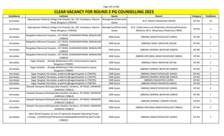 Page 245 of 696
StateName Institute Quota Branch Category TotalSeats
CLEAR VACANCY FOR ROUND 2 PG COUNSELLING 2023
Karnataka
Rajarajeswari Medical College and Hospital, No. 202, Kambipura, Mysore
Road, Bengaluru (700546)
Management/Paid Seats
Quota
M.D. (RADIO-DIAGNOSIS) (RADD) OP NO 10
Karnataka
Rajarajeswari Medical College and Hospital, No. 202, Kambipura, Mysore
Road, Bengaluru (700546)
Management/Paid Seats
Quota
M.D. (Tuberculosis and Respiratory diseases)/Pulmonary
Medicine /M.D. (Respiratory Medicine) (TBRD)
OP NO 3
Karnataka
Rangadore Memorial Hospital,, 1ST CROSS, SHANKARAPURAM, BANGALORE
(700810)
DNB Quota (NBEMS) ANAESTHESIOLOGY (DANS) OP NO 1
Karnataka
Rangadore Memorial Hospital,, 1ST CROSS, SHANKARAPURAM, BANGALORE
(700810)
DNB Quota (NBEMS) FAMILY MEDICINE (DFLM) OP NO 2
Karnataka
Rangadore Memorial Hospital,, 1ST CROSS, SHANKARAPURAM, BANGALORE
(700810)
DNB Quota (NBEMS) GENERAL MEDICINE (DMED) OP NO 1
Karnataka
Rangadore Memorial Hospital,, 1ST CROSS, SHANKARAPURAM, BANGALORE
(700810)
DNB Quota (NBEMS-DIPLOMA) ANAESTHESIOLOGY (NBDA) OP NO 1
Karnataka
Sagar Hospital - , Shavige Malleshwara Hills, Kumaraswamy Layout,
Bangalore (700805)
DNB Quota (NBEMS) FAMILY MEDICINE (DFLM) OP NO 1
Karnataka
Sagar Hospital - , Shavige Malleshwara Hills, Kumaraswamy Layout,
Bangalore (700805)
DNB Quota (NBEMS) GENERAL MEDICINE (DMED) OP NO 1
Karnataka Sagar Hospital, Karnataka, academics@sagarhospitals.in (700795) DNB Quota (NBEMS) ANAESTHESIOLOGY (DANS) OP NO 2
Karnataka Sagar Hospital, Karnataka, academics@sagarhospitals.in (700795) DNB Quota (NBEMS) GENERAL MEDICINE (DMED) OP NO 1
Karnataka Sagar Hospital, Karnataka, academics@sagarhospitals.in (700795) DNB Quota (NBEMS) PAEDIATRICS (DPED) OP NO 1
Karnataka Sagar Hospital, Karnataka, academics@sagarhospitals.in (700795) DNB Quota (NBEMS) RADIO-DIAGNOSIS (DRAD) OP NO 1
Karnataka
Sahyadri Narayana Multispecialty Hospital, Harakere,, NT ROAD, HARAKERE
, SHIMOGA (700813)
DNB Quota (NBEMS) ANAESTHESIOLOGY (DANS) OP NO 3
Karnataka
Sahyadri Narayana Multispecialty Hospital, Harakere,, NT ROAD, HARAKERE
, SHIMOGA (700813)
DNB Quota (NBEMS) GENERAL MEDICINE (DMED) OP NO 1
Karnataka
Sahyadri Narayana Multispecialty Hospital, Harakere,, NT ROAD, HARAKERE
, SHIMOGA (700813)
DNB Quota (NBEMS) GENERAL SURGERY (DSUR) OP NO 2
Karnataka
Sahyadri Narayana Multispecialty Hospital, Harakere,, NT ROAD, HARAKERE
, SHIMOGA (700813)
DNB Quota (NBEMS-DIPLOMA) ANAESTHESIOLOGY (NBDA) OP NO 2
Karnataka
Sakra World Hospital, (A Unit of Takshasila Hospitals Operating Private
Limited) , LOVEKESHDOTPHASUATSAKRAWORLDHOSPITALDOTCOM
(700822)
DNB Quota (NBEMS) ANAESTHESIOLOGY (DANS) OP NO 1
 