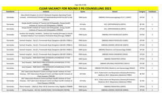 Page 246 of 696
StateName Institute Quota Branch Category TotalSeats
CLEAR VACANCY FOR ROUND 2 PG COUNSELLING 2023
Karnataka
Sakra World Hospital, (A Unit of Takshasila Hospitals Operating Private
Limited) , LOVEKESHDOTPHASUATSAKRAWORLDHOSPITALDOTCOM
(700822)
DNB Quota (NBEMS) Otorhinolaryngology (E.N.T.) (DENT) OP NO 1
Karnataka
Sanjay Gandhi Institute of Trauma and Orthopaedics, Sanjay Gandhi
Institute of Trauma and Orthopaedics (700509)
All India M.S. (ORTHOPAEDICS) (ORTH) BC NO 1
Karnataka
Sanjay Gandhi Institute of Trauma and Orthopaedics, Sanjay Gandhi
Institute of Trauma and Orthopaedics (700509)
All India M.S. (ORTHOPAEDICS) (ORTH) OP NO 2
Karnataka
Sankara Eye Hospital, Harakere, , Sankara Eye Hospital,Shimoga,Sri Kanchi
Kamakoti Medical Trust Harakere,Thirthahalli Road,Shimoga (700807)
DNB Quota (NBEMS) OPHTHALMOLOGY (DOPH) OP NO 3
Karnataka Santosh Hospital, , No.6/1, Promenade Road, Bangalore.560 005 (700811) DNB Quota (NBEMS) ANAESTHESIOLOGY (DANS) OP NO 1
Karnataka Santosh Hospital, , No.6/1, Promenade Road, Bangalore.560 005 (700811) DNB Quota (NBEMS) GENERAL MEDICINE (DMED) OP NO 1
Karnataka Santosh Hospital, , No.6/1, Promenade Road, Bangalore.560 005 (700811) DNB Quota (NBEMS) Obstetrics and Gynaecology (DOBG) OP NO 1
Karnataka Santosh Hospital, , No.6/1, Promenade Road, Bangalore.560 005 (700811) DNB Quota (NBEMS) RADIO-DIAGNOSIS (DRAD) OP NO 1
Karnataka
Sarji Hospital, , RMR RAOD PARK EXTENSION sHIVAMOGGA-577201
(700832)
DNB Quota (NBEMS) PAEDIATRICS (DPED) OP NO 2
Karnataka
Sarji Hospital, , RMR RAOD PARK EXTENSION sHIVAMOGGA-577201
(700832)
DNB Quota (NBEMS-DIPLOMA) PAEDIATRICS (NDCH) OP NO 1
Karnataka
Sarji Hospital, , RMR RAOD PARK EXTENSION sHIVAMOGGA-577201
(700832)
DNB Quota (NBEMS-DIPLOMA) Obstetrics and Gynaecology (NDGO) OP NO 1
Karnataka
SDS Tuberculosis Research Centre and Rajiv Gandhi Institute of Chest
Diseases , SDS Tuberculosis Research Centre and Rajiv Gandhi Institute of
Chest Diseases (700539)
All India
M.D. (Tuberculosis and Respiratory diseases)/Pulmonary
Medicine /M.D. (Respiratory Medicine) (TBRD)
BC NO 1
Karnataka
SDS Tuberculosis Research Centre and Rajiv Gandhi Institute of Chest
Diseases , SDS Tuberculosis Research Centre and Rajiv Gandhi Institute of
Chest Diseases (700539)
All India
M.D. (Tuberculosis and Respiratory diseases)/Pulmonary
Medicine /M.D. (Respiratory Medicine) (TBRD)
SC NO 1
Karnataka Shanti Hospital, , 166A1A, Near Old IB, Extension Area, Bagalkot (700808) DNB Quota (NBEMS) PAEDIATRICS (DPED) OP NO 2
Karnataka Shifaa Hospital, , NO 332, QUEENS ROAD, SHIVAJINAGAR (700796) DNB Quota (NBEMS) GENERAL MEDICINE (DMED) OP NO 2
 