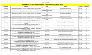 Page 254 of 696
StateName Institute Quota Branch Category TotalSeats
CLEAR VACANCY FOR ROUND 2 PG COUNSELLING 2023
Karnataka SRI DEVARAJ URS MEDICAL COLLEGE, TAMAKA, Tamaka, Kolar (701349)
Management/Paid Seats
Quota
M.D. (PATHOLOGY) (PATH) OP NO 5
Karnataka SRI DEVARAJ URS MEDICAL COLLEGE, TAMAKA, Tamaka, Kolar (701349)
Management/Paid Seats
Quota
M.D. (PHARMACOLOGY) (PHAR) OP NO 3
Karnataka SRI DEVARAJ URS MEDICAL COLLEGE, TAMAKA, Tamaka, Kolar (701349)
Management/Paid Seats
Quota
M.D. (PHYSIOLOGY) (PHYS) OP NO 3
Karnataka SRI DEVARAJ URS MEDICAL COLLEGE, TAMAKA, Tamaka, Kolar (701349)
Management/Paid Seats
Quota
M.D. (PSYCHIATRY) (PSYY) OP NO 1
Karnataka SRI DEVARAJ URS MEDICAL COLLEGE, TAMAKA, Tamaka, Kolar (701349)
Management/Paid Seats
Quota
M.D. (RADIO-DIAGNOSIS) (RADD) OP NO 1
Karnataka
Sri Jayachamarajendra General Hospital, Hassan.Dist. Karnataka, Sri
Jayachamarajendra General Hospital, ARSIKERE,Hassan.Dist. Karnataka
(701653)
DNB Quota (NBEMS-DIPLOMA) PAEDIATRICS (NDCH) SC NO 1
Karnataka
Sri Jayachamarajendra General Hospital, Hassan.Dist. Karnataka, Sri
Jayachamarajendra General Hospital, ARSIKERE,Hassan.Dist. Karnataka
(701653)
DNB Quota (NBEMS-DIPLOMA) PAEDIATRICS (NDCH) ST NO 1
Karnataka
Sri Sathya Sai Instt. of Higher Medical Sciences, , EPIP AREA, WHITEFIELD,
BANGALORE (700798)
DNB Quota (NBEMS) Neuro Surgery (Direct 6 Years Course) (DNRS) OP NO 1
Karnataka
Sri Sathya Sai Sarla Memorial Hospital, Karnataka, Sathya Sai Grama
Muddenahalli Chikkaballapura (901781)
DNB Quota (NBEMS) ANAESTHESIOLOGY (DANS) OP NO 1
Karnataka
Sri Sathya Sai Sarla Memorial Hospital, Karnataka, Sathya Sai Grama
Muddenahalli Chikkaballapura (901781)
DNB Quota (NBEMS) PAEDIATRICS (DPED) OP NO 1
Karnataka
Sri Sathya Sai Sarla Memorial Hospital, Karnataka, Sathya Sai Grama
Muddenahalli Chikkaballapura (901781)
DNB Quota (NBEMS) GENERAL SURGERY (DSUR) OP NO 1
Karnataka
Sri Sathya Sai Sarla Memorial Hospital, Karnataka, Sathya Sai Grama
Muddenahalli Chikkaballapura (901781)
DNB Quota (NBEMS-DIPLOMA) Obstetrics and Gynaecology (NDGO) OP NO 2
Karnataka
Sri Shankara Cancer Hospital and Research centre, , 1st Cross,
Shankarapuram, Basavanagudi, Bengaluru (700812)
DNB Quota (NBEMS) RADIO-DIAGNOSIS (DRAD) OP NO 1
Karnataka
Sri Shankara Cancer Hospital and Research centre, , 1st Cross,
Shankarapuram, Basavanagudi, Bengaluru (700812)
DNB Quota (NBEMS) RADIATION ONCOLOGY (DRTH) OP NO 2
Karnataka
Sri Siddhartha Institute of Medical Sciences & Research Centre (SSIMRC), T
Begur, Nelamangala, Bangalore rural (701707)
Non-Resident Indian M.D. (BIOCHEMISTRY) (BIOC) OP NO 1
Karnataka
Sri Siddhartha Institute of Medical Sciences & Research Centre (SSIMRC), T
Begur, Nelamangala, Bangalore rural (701707)
Non-Resident Indian M.D. (PATHOLOGY) (PATH) OP NO 1
 