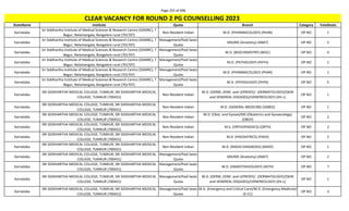 Page 255 of 696
StateName Institute Quota Branch Category TotalSeats
CLEAR VACANCY FOR ROUND 2 PG COUNSELLING 2023
Karnataka
Sri Siddhartha Institute of Medical Sciences & Research Centre (SSIMRC), T
Begur, Nelamangala, Bangalore rural (701707)
Non-Resident Indian M.D. (PHARMACOLOGY) (PHAR) OP NO 1
Karnataka
Sri Siddhartha Institute of Medical Sciences & Research Centre (SSIMRC), T
Begur, Nelamangala, Bangalore rural (701707)
Management/Paid Seats
Quota
MD/MS (Anatomy) (ANAT) OP NO 5
Karnataka
Sri Siddhartha Institute of Medical Sciences & Research Centre (SSIMRC), T
Begur, Nelamangala, Bangalore rural (701707)
Management/Paid Seats
Quota
M.D. (BIOCHEMISTRY) (BIOC) OP NO 4
Karnataka
Sri Siddhartha Institute of Medical Sciences & Research Centre (SSIMRC), T
Begur, Nelamangala, Bangalore rural (701707)
Management/Paid Seats
Quota
M.D. (PATHOLOGY) (PATH) OP NO 1
Karnataka
Sri Siddhartha Institute of Medical Sciences & Research Centre (SSIMRC), T
Begur, Nelamangala, Bangalore rural (701707)
Management/Paid Seats
Quota
M.D. (PHARMACOLOGY) (PHAR) OP NO 1
Karnataka
Sri Siddhartha Institute of Medical Sciences & Research Centre (SSIMRC), T
Begur, Nelamangala, Bangalore rural (701707)
Management/Paid Seats
Quota
M.D. (PHYSIOLOGY) (PHYS) OP NO 5
Karnataka
SRI SIDDHARTHA MEDICAL COLLEGE, TUMKUR, SRI SIDDHARTHA MEDICAL
COLLEGE, TUMKUR (700431)
Non-Resident Indian
M.D. (DERM.,VENE. and LEPROSY)/ (DERMATOLOGY)/(SKIN
and VENEREAL DISEASES)/(VENEREOLOGY) (DV-L)
OP NO 1
Karnataka
SRI SIDDHARTHA MEDICAL COLLEGE, TUMKUR, SRI SIDDHARTHA MEDICAL
COLLEGE, TUMKUR (700431)
Non-Resident Indian M.D. (GENERAL MEDICINE) (GMED) OP NO 1
Karnataka
SRI SIDDHARTHA MEDICAL COLLEGE, TUMKUR, SRI SIDDHARTHA MEDICAL
COLLEGE, TUMKUR (700431)
Non-Resident Indian
M.D. (Obst. and Gynae)/MS (Obstetrics and Gynaecology)
(OBGY)
OP NO 2
Karnataka
SRI SIDDHARTHA MEDICAL COLLEGE, TUMKUR, SRI SIDDHARTHA MEDICAL
COLLEGE, TUMKUR (700431)
Non-Resident Indian M.S. (ORTHOPAEDICS) (ORTH) OP NO 2
Karnataka
SRI SIDDHARTHA MEDICAL COLLEGE, TUMKUR, SRI SIDDHARTHA MEDICAL
COLLEGE, TUMKUR (700431)
Non-Resident Indian M.D. (PAEDIATRICS) (PAED) OP NO 2
Karnataka
SRI SIDDHARTHA MEDICAL COLLEGE, TUMKUR, SRI SIDDHARTHA MEDICAL
COLLEGE, TUMKUR (700431)
Non-Resident Indian M.D. (RADIO-DIAGNOSIS) (RADD) OP NO 1
Karnataka
SRI SIDDHARTHA MEDICAL COLLEGE, TUMKUR, SRI SIDDHARTHA MEDICAL
COLLEGE, TUMKUR (700431)
Management/Paid Seats
Quota
MD/MS (Anatomy) (ANAT) OP NO 2
Karnataka
SRI SIDDHARTHA MEDICAL COLLEGE, TUMKUR, SRI SIDDHARTHA MEDICAL
COLLEGE, TUMKUR (700431)
Management/Paid Seats
Quota
M.D. (ANAESTHESIOLOGY) (ASTH) OP NO 7
Karnataka
SRI SIDDHARTHA MEDICAL COLLEGE, TUMKUR, SRI SIDDHARTHA MEDICAL
COLLEGE, TUMKUR (700431)
Management/Paid Seats
Quota
M.D. (DERM.,VENE. and LEPROSY)/ (DERMATOLOGY)/(SKIN
and VENEREAL DISEASES)/(VENEREOLOGY) (DV-L)
OP NO 1
Karnataka
SRI SIDDHARTHA MEDICAL COLLEGE, TUMKUR, SRI SIDDHARTHA MEDICAL
COLLEGE, TUMKUR (700431)
Management/Paid Seats
Quota
M.D. (Emergency and Critical Care)/M.D. (Emergency Medicine)
(E-CC)
OP NO 3
 