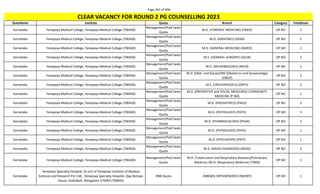 Page 261 of 696
StateName Institute Quota Branch Category TotalSeats
CLEAR VACANCY FOR ROUND 2 PG COUNSELLING 2023
Karnataka Yenepoya Medical College, Yenepoya Medical College (700430)
Management/Paid Seats
Quota
M.D. (FORENSIC MEDICINE) (FMED) OP NO 2
Karnataka Yenepoya Medical College, Yenepoya Medical College (700430)
Management/Paid Seats
Quota
M.D. GERIATRICS (GERA) OP NO 1
Karnataka Yenepoya Medical College, Yenepoya Medical College (700430)
Management/Paid Seats
Quota
M.D. (GENERAL MEDICINE) (GMED) OP NO 2
Karnataka Yenepoya Medical College, Yenepoya Medical College (700430)
Management/Paid Seats
Quota
M.S. (GENERAL SURGERY) (GSUR) OP NO 2
Karnataka Yenepoya Medical College, Yenepoya Medical College (700430)
Management/Paid Seats
Quota
M.D. (MICROBIOLOGY) (MICR) OP NO 2
Karnataka Yenepoya Medical College, Yenepoya Medical College (700430)
Management/Paid Seats
Quota
M.D. (Obst. and Gynae)/MS (Obstetrics and Gynaecology)
(OBGY)
OP NO 2
Karnataka Yenepoya Medical College, Yenepoya Medical College (700430)
Management/Paid Seats
Quota
M.S. (ORTHOPAEDICS) (ORTH) OP NO 2
Karnataka Yenepoya Medical College, Yenepoya Medical College (700430)
Management/Paid Seats
Quota
M.D. (PREVENTIVE and SOCIAL MEDICINE)/ COMMUNITY
MEDICINE (P-SM)
OP NO 1
Karnataka Yenepoya Medical College, Yenepoya Medical College (700430)
Management/Paid Seats
Quota
M.D. (PAEDIATRICS) (PAED) OP NO 3
Karnataka Yenepoya Medical College, Yenepoya Medical College (700430)
Management/Paid Seats
Quota
M.D. (PATHOLOGY) (PATH) OP NO 5
Karnataka Yenepoya Medical College, Yenepoya Medical College (700430)
Management/Paid Seats
Quota
M.D. (PHARMACOLOGY) (PHAR) OP NO 2
Karnataka Yenepoya Medical College, Yenepoya Medical College (700430)
Management/Paid Seats
Quota
M.D. (PHYSIOLOGY) (PHYS) OP NO 1
Karnataka Yenepoya Medical College, Yenepoya Medical College (700430)
Management/Paid Seats
Quota
M.D. (PSYCHIATRY) (PSYY) OP NO 1
Karnataka Yenepoya Medical College, Yenepoya Medical College (700430)
Management/Paid Seats
Quota
M.D. (RADIO-DIAGNOSIS) (RADD) OP NO 2
Karnataka Yenepoya Medical College, Yenepoya Medical College (700430)
Management/Paid Seats
Quota
M.D. (Tuberculosis and Respiratory diseases)/Pulmonary
Medicine /M.D. (Respiratory Medicine) (TBRD)
OP NO 1
Karnataka
Yenepoya Specialty Hospital, (A unit of Yenepoya Institute of Medical
Sciences and Research Pvt Ltd) , Yenepoya Specialty Hospital, Opp Bishops
House, Kodialbail, Mangalore 575003 (700835)
DNB Quota (NBEMS) ORTHOPAEDICS (NDORT) OP NO 1
 