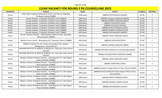 Page 281 of 696
StateName Institute Quota Branch Category TotalSeats
CLEAR VACANCY FOR ROUND 2 PG COUNSELLING 2023
Kerala
Little Flower Hospital and Research Centre,, Post Box 23, Angamaly,
Ernakulam, Kerala (700863)
DNB Quota (NBEMS) ORTHOPAEDICS (NDORT) OP NO 1
Kerala Lourdes Hospital, , Ernakulam, Pachalam, Kochi (700864) DNB Quota (NBEMS) Emergency Medicine (DEMM) OP NO 1
Kerala Lourdes Hospital, , Ernakulam, Pachalam, Kochi (700864) DNB Quota (NBEMS) GENERAL MEDICINE (DMED) OP NO 3
Kerala Lourdes Hospital, , Ernakulam, Pachalam, Kochi (700864) DNB Quota (NBEMS) PAEDIATRICS (DPED) OP NO 1
Kerala Lourdes Hospital, , Ernakulam, Pachalam, Kochi (700864) DNB Quota (NBEMS) PSYCHIATRY (DPSYN) OP NO 1
Kerala Lourdes Hospital, , Ernakulam, Pachalam, Kochi (700864) DNB Quota (NBEMS) RADIO-DIAGNOSIS (DRAD) OP NO 1
Kerala Lourdes Hospital, , Ernakulam, Pachalam, Kochi (700864) DNB Quota (NBEMS) GENERAL SURGERY (DSUR) OP NO 1
Kerala Lourdes Hospital, , Ernakulam, Pachalam, Kochi (700864) DNB Quota (NBEMS) ORTHOPAEDICS (NDORT) OP NO 1
Kerala
M.G.M. Muthoot Hospital, , MGM Muthoot Medical Centre, Ring Road,
Pathanamthitta (700865)
DNB Quota (NBEMS) FAMILY MEDICINE (DFLM) OP NO 2
Kerala Malabar Cancer Centre, , Moozhikkara PO, Thalassery, Kannur (700890) DNB Quota (NBEMS) PATHOLOGY (DPTH) ST NO 1
Kerala
Malabar Hospitals Pvt. Ltd., Kerala, Karuvambrum PO, Manjeri,
Malappuram, Kerala (901731)
DNB Quota (NBEMS) GENERAL MEDICINE (DMED) OP NO 2
Kerala
MALABAR INSTITUTE OF MEDICAL SCIENCES Ltd , Chala East, Chala, Kannur
(701367)
DNB Quota (NBEMS-DIPLOMA) Obstetrics and Gynaecology (NDGO) OP NO 1
Kerala
MALABAR INSTITUTE OF MEDICAL SCIENCES Ltd , Chala East, Chala, Kannur
(701367)
DNB Quota (NBEMS-DIPLOMA) RADIO-DIAGNOSIS (NDMR) OP NO 1
Kerala
Malabar Institute of Medical Sciences, , Govindapuram P.O., Mini Bypass
Road, Kozhikode (700866)
DNB Quota (NBEMS) FAMILY MEDICINE (DFLM) OP NO 1
Kerala
Malabar Institute of Medical Sciences, , Govindapuram P.O., Mini Bypass
Road, Kozhikode (700866)
DNB Quota (NBEMS) PAEDIATRICS (DPED) OP NO 2
Kerala
Malabar Institute of Medical Sciences, , Govindapuram P.O., Mini Bypass
Road, Kozhikode (700866)
DNB Quota (NBEMS) Paediatric Surgery (Direct 6 Years Course) (DPEDS) OP NO 1
Kerala
Malabar Institute of Medical Sciences, , Govindapuram P.O., Mini Bypass
Road, Kozhikode (700866)
DNB Quota
(NBEMS) Plastic and Reconstructive Surgery (Direct 6 Years
Course) (DPLS)
OP NO 1
Kerala
Malabar Institute of Medical Sciences, , Govindapuram P.O., Mini Bypass
Road, Kozhikode (700866)
DNB Quota (NBEMS) RADIO-DIAGNOSIS (DRAD) OP NO 1
Kerala
Malabar Institute of Medical Sciences, , Govindapuram P.O., Mini Bypass
Road, Kozhikode (700866)
DNB Quota (NBEMS) GENERAL SURGERY (DSUR) OP NO 1
Kerala
Malabar Institute of Medical Sciences, , Govindapuram P.O., Mini Bypass
Road, Kozhikode (700866)
DNB Quota (NBEMS) ORTHOPAEDICS (NDORT) OP NO 1
 
